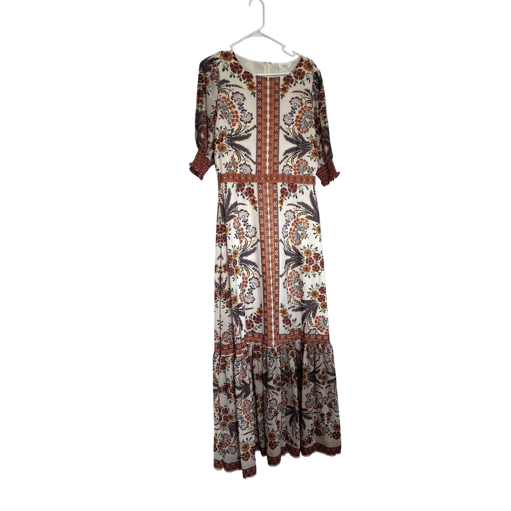 Bohme Floral Paisley Maxi Dress Short Sleeve Tiered Boho Cream Rust Multi